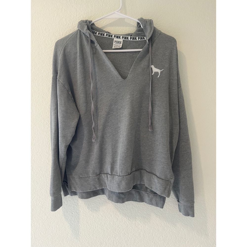 Victorias Secret PINK Gray V-Neck Pullover Hoodie Sweatshirt Dog Logo XS